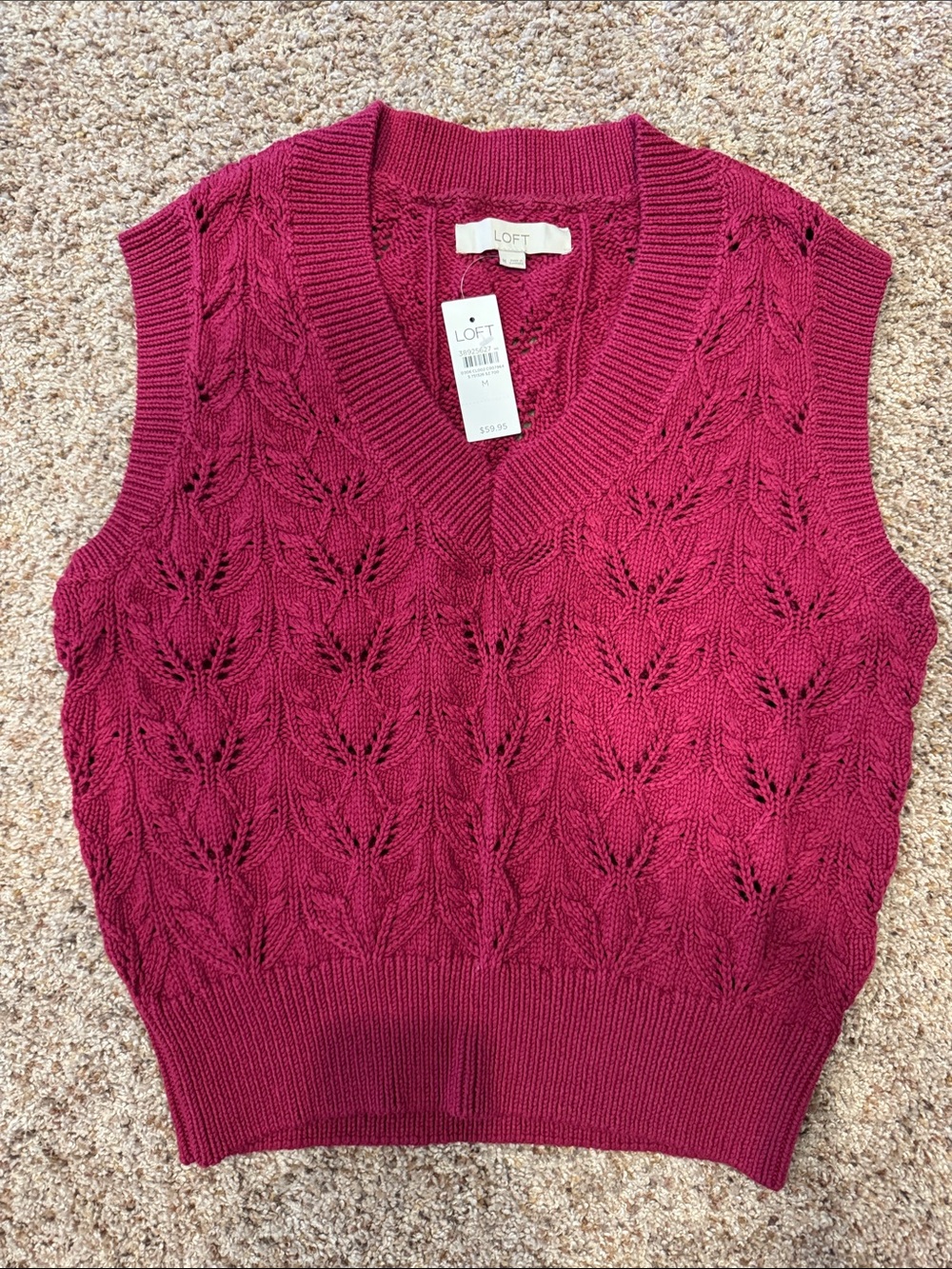 LOFT V-Neck Cable Knit Sleeveless Sweater Vest - Berry Pink medium.